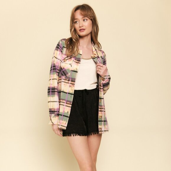 MYSTREE Plaid Button Down Shirt, Multicolor Pink Purple Green Oversized Shirt - Picture 6 of 7